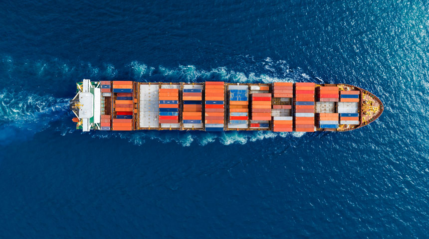 aerial view of container ship at sea